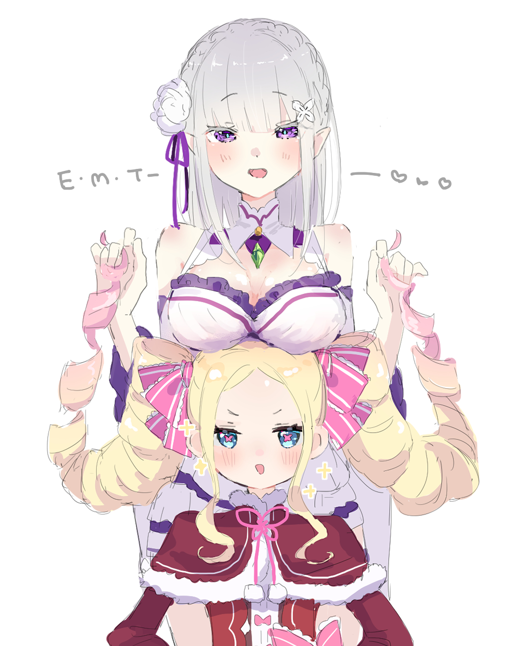 2girls, bare_shoulders, beatrice_(re:zero), blonde_hair, blue_eyes, blush, braid, breasts