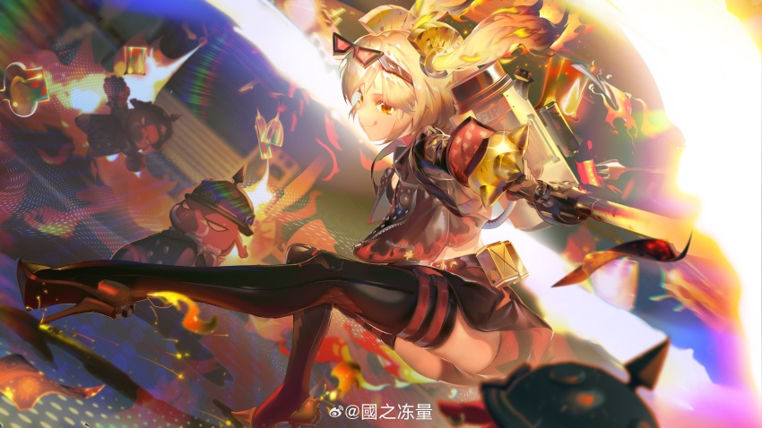 1girl, :q, absurdres, artist_name, bangboo_(zenless_zone_zero), black_footwear, black_jacket, black_skirt, black_thighhighs, blonde_hair, burnice_white, chinese_commentary, chromatic_aberration, dancing, eyewear_on_head, flamethrower, full_body, guozhidongliang, high_heels, highres, holding, holding_flamethrower, holding_weapon, jacket, long_hair, looking_ahead, open_clothes, open_jacket, outdoors, pig, red-tinted_eyewear, red_eyes, skirt, smile, solo, sunglasses, thighhighs, tinted_eyewear, tongue, tongue_out, watermark, weapon, weibo_watermark, zenless_zone_zero