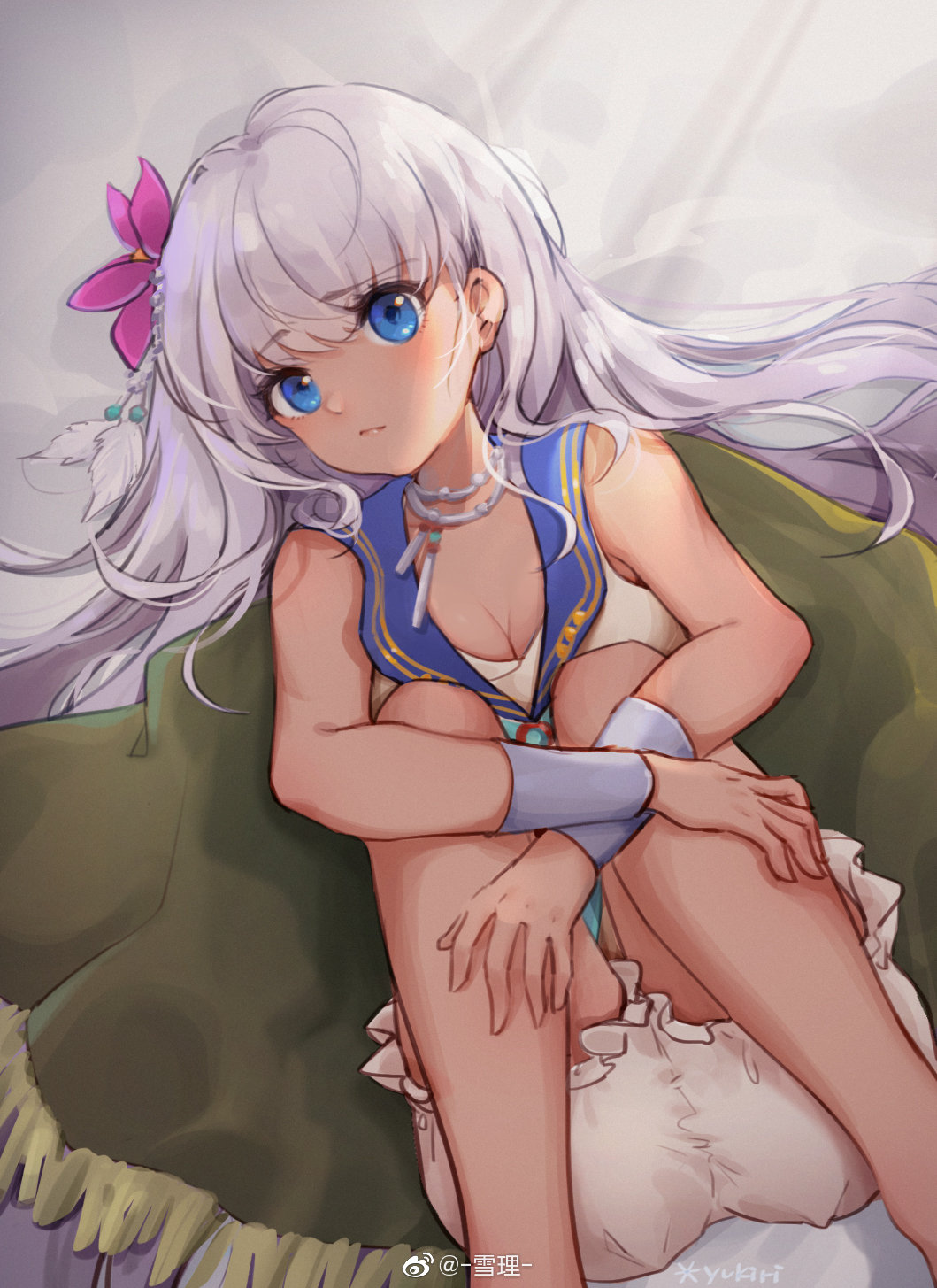 1girl, bloomers, blue_eyes, breasts, cleavage, dark-skinned_female, dark_skin, flower