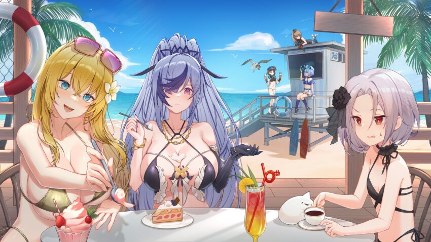 5girls, 6+girls, a150_(warship_girls_r), asymmetrical_gloves, atlanta_(warship_girls_r), bare_shoulders, beach, bikini, bird, black_bikini, black_gloves, black_hair, blonde_hair, blue_eyes, blue_hair, blue_sky, blush, bracelet, breasts, cake, cake_slice, chair, cleavage, closed_mouth, cloud, collarbone, cup, day, drinking_glass, drinking_straw, elbow_gloves, eyewear_on_head, flower, food, fork, fruit, gloves, grey_hair, hair_between_eyes, hair_flower, hair_ornament, hair_ribbon, halterneck, highres, holding, holding_cup, holding_fork, holding_spoon, ice_cream, innertube, jewelry, large_breasts, lifebuoy, long_hair, looking_at_viewer, multicolored_hair, multiple_girls, navel, ocean, one-piece_swimsuit, open_mouth, outdoors, palm_tree, plate, ponytail, purple_eyes, purple_hair, red_eyes, ribbon, seagull, short_hair, single_elbow_glove, single_glove, sitting, sky, smile, south_dakota_(warship_girls_r), spoon, string_bikini, sunglasses, swim_ring, swimsuit, table, teacup, tongue, tongue_out, tree, uss_south_dakota_(bb-57), vittorio_veneto_(warship_girls_r), warship_girls_r