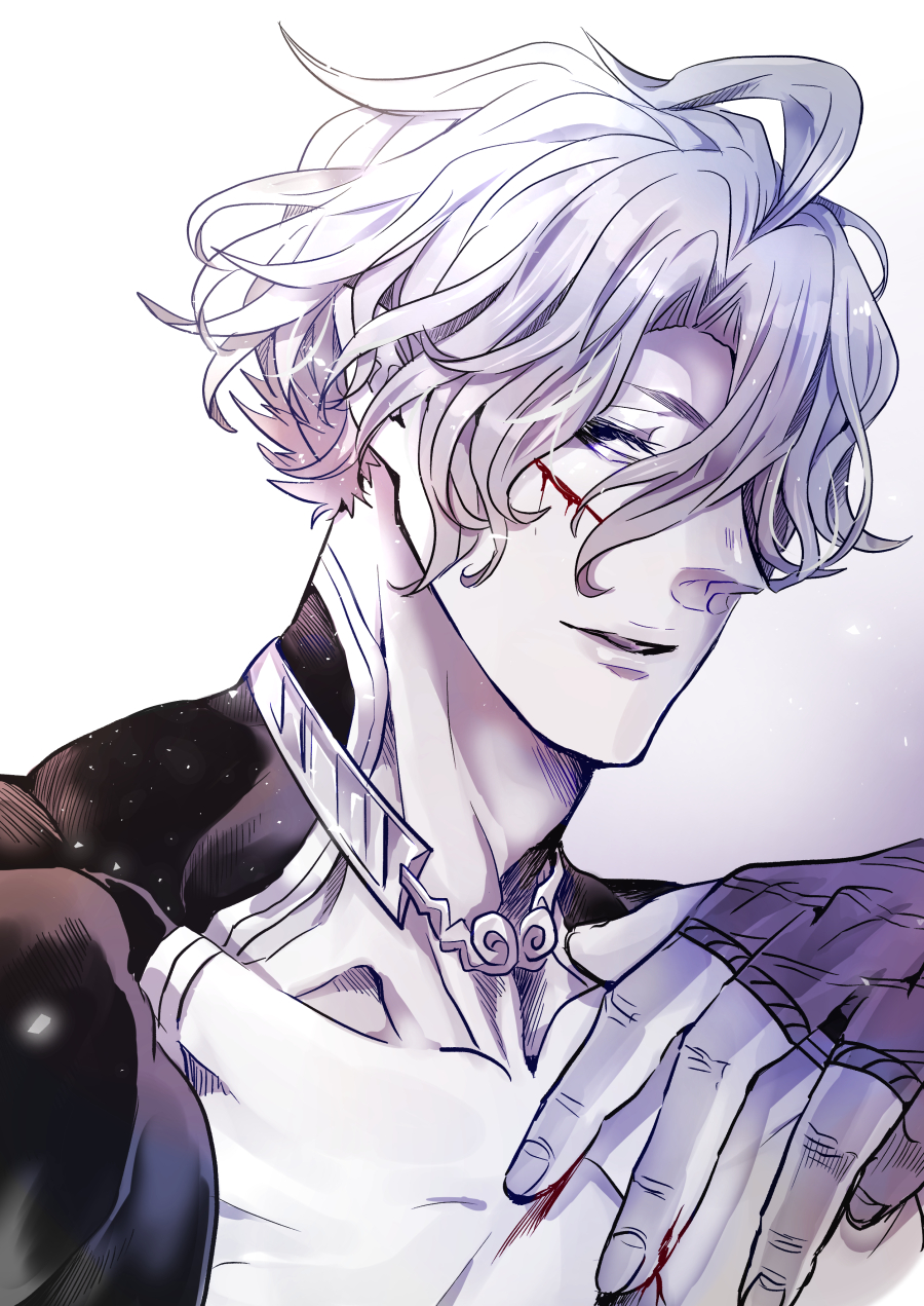 1boy, bleeding, blood, blood_on_chest, blood_on_face, blood_on_hands, choker, collarbone, cut_on_face, cuts, greyscale, hair_between_eyes, half-closed_eyes, highres, injury, looking_to_the_side, male_focus, monochrome, muscular, muscular_male, parted_lips, pointy_ears, poseidon_(shuumatsu_no_valkyrie), revealing_clothes, short_hair, shuumatsu_no_valkyrie, simple_background, smile, solo, suzuka_(pixiv), tagme, upper_body, white_background