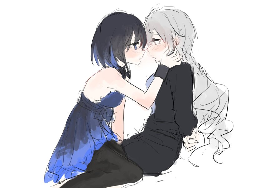 2girls, arms_behind_back, at_tart, bare_arms, black_hair, black_jacket, black_pants, black_pantyhose, blue_dress, blue_eyes, blue_hair, bound, bound_wrists, bronya_zaychik, commentary_request, dress, eye_contact, grey_hair, hand_on_another's_face, highres, honkai_(series), honkai_impact_3rd, jacket, long_hair, looking_at_another, multicolored_hair, multiple_girls, pants, pantyhose, seele_vollerei, short_hair, simple_background, sitting, sitting_on_lap, sitting_on_person, sleeveless, sleeveless_dress, streaked_hair, white_background, yuri