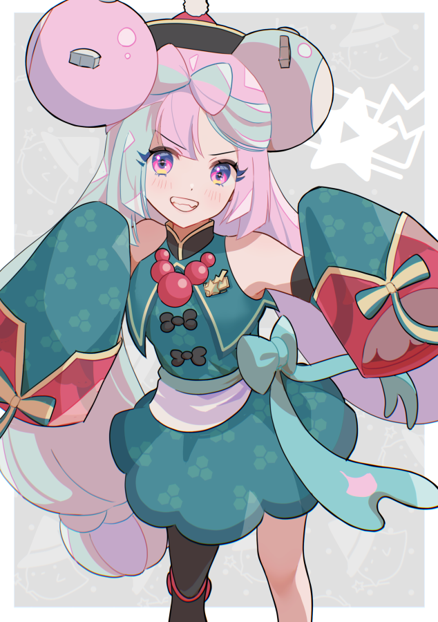 1girl, bare_shoulders, beads, blush, bow, bow-shaped_hair, character_hair_ornament, commentary_request