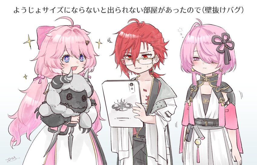 +_+, 1boy, 2girls, :d, aged_down, ahoge, blue_eyes, blush