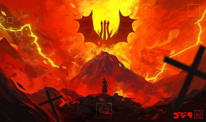 1boy, alien, artist_logo, artist_name, bird, commentary, cross, crucifix