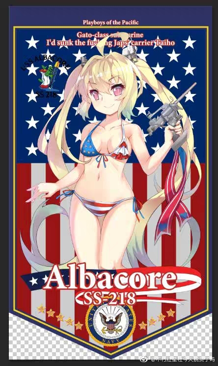 1girl, ahoge, albacore_(warship_girls_r), american_flag, american_flag_bikini, american_flag_print, bikini, blonde_hair, breasts, buxiuhongxingshe_jintiantuopinlema, collarbone, english_text, flag_print, flag_print_bikini, gun, handgun, holding, holding_gun, holding_weapon, long_hair, looking_at_viewer, navel, pink_eyes, print_bikini, ribbon, side-tie_bikini_bottom, small_breasts, smile, solo, swimsuit, thigh_gap, trigger_discipline, twintails, very_long_hair, warship_girls_r, watermark, weapon, weibo_watermark