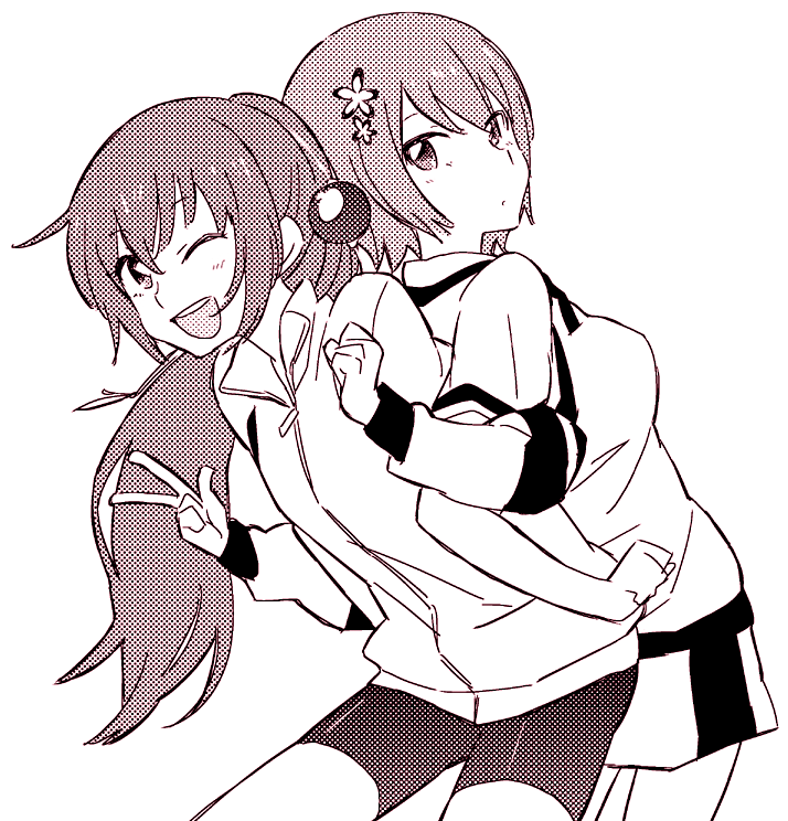 2girls, ;d, back-to-back, bike_shorts, blush, breasts, cowboy_shot, flower