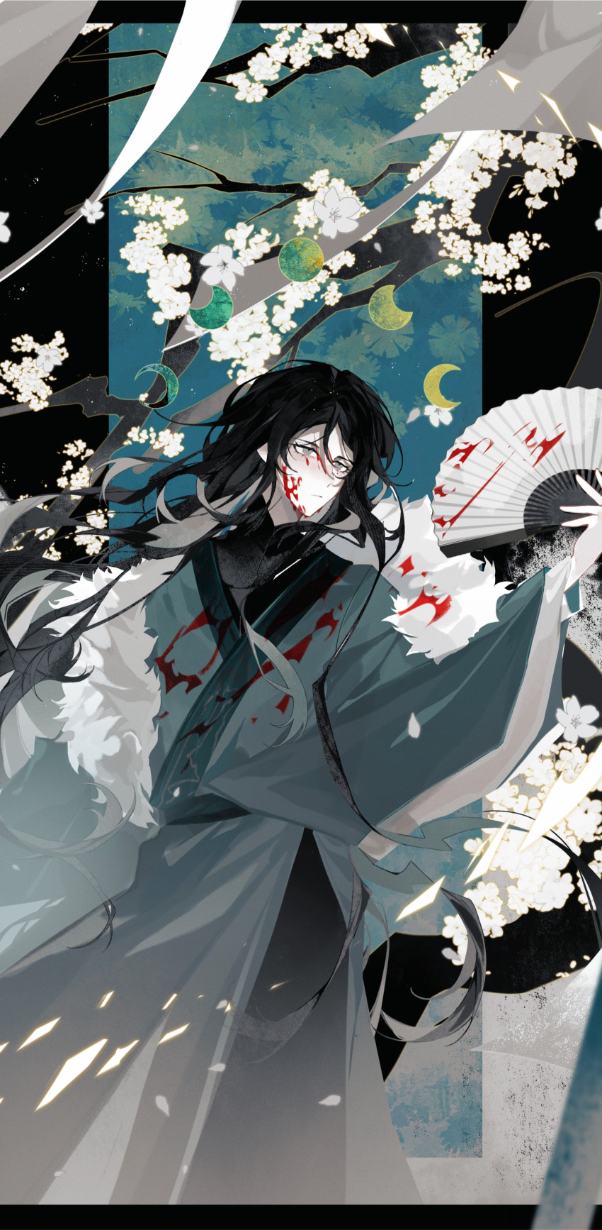 1boy, absurdres, black_hair, blood, blood_on_clothes, blood_on_face, branch, chinese_clothes
