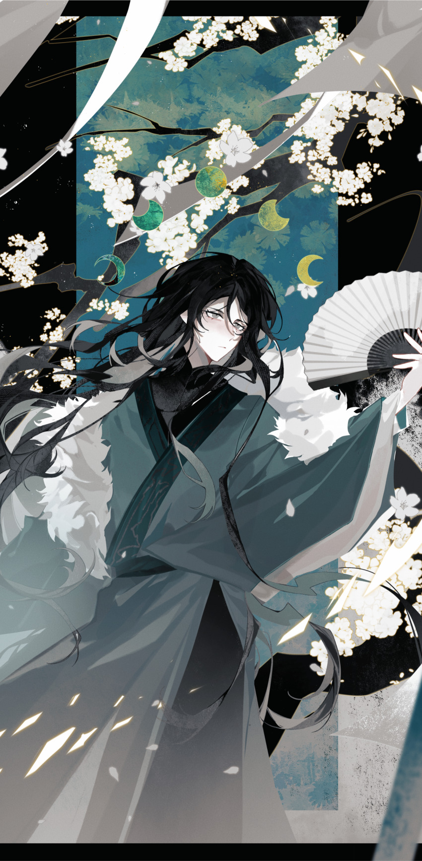 1boy, absurdres, black_hair, branch, chinese_clothes, chinese_commentary, closed_mouth, commentary_request