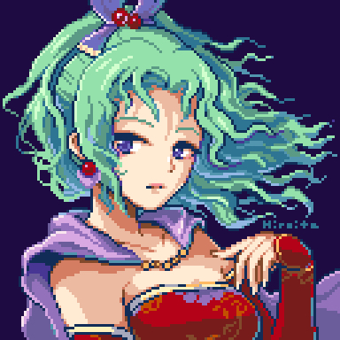 1girl, bare_shoulders, breasts, cape, close-up, curtained_hair, detached_sleeves, dotpict_(medium)