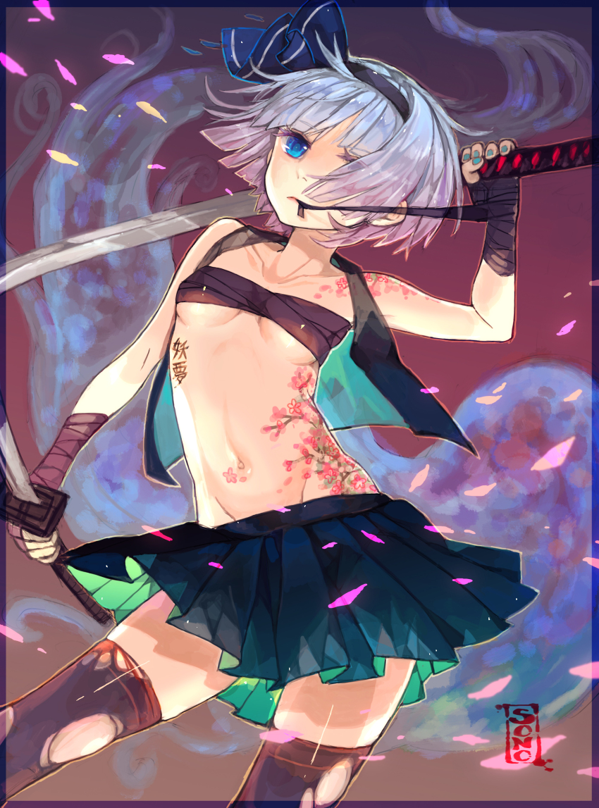 1girl, absurdres, alternate_costume, arm_wrap, bad_anatomy, black_thighhighs, blue_eyes, breasts, chest_sarashi, collarbone, dual_wielding, female_focus, ghost, groin, hairband, highres, hitodama, holding, katana, konpaku_youmu, konpaku_youmu_(ghost), nail_polish, navel, open_clothes, open_shirt, pleated_skirt, sarashi, shirt, short_hair, silver_hair, skirt, small_breasts, solo, soono_(rlagpfl), sword, tanto, tattoo, thighhighs, torn_clothes, torn_thighhighs, touhou, underboob, weapon