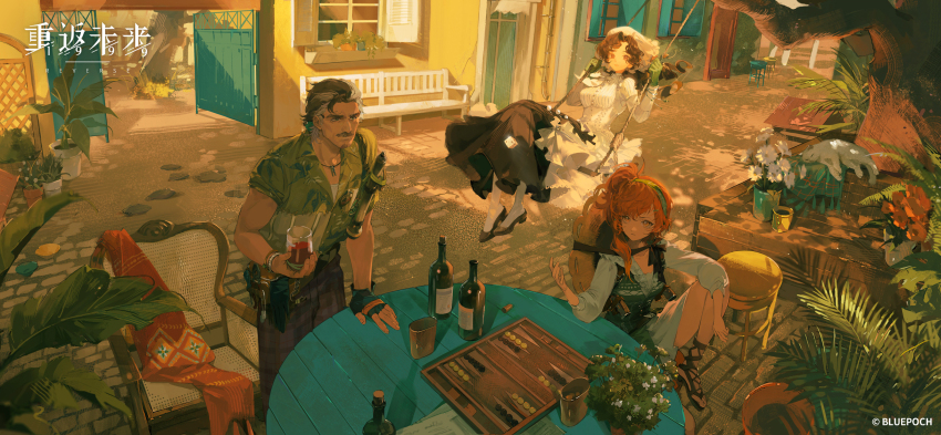 1boy, 2girls, alcohol, anjo_nala, backgammon, beard_stubble, black_footwear, black_gloves