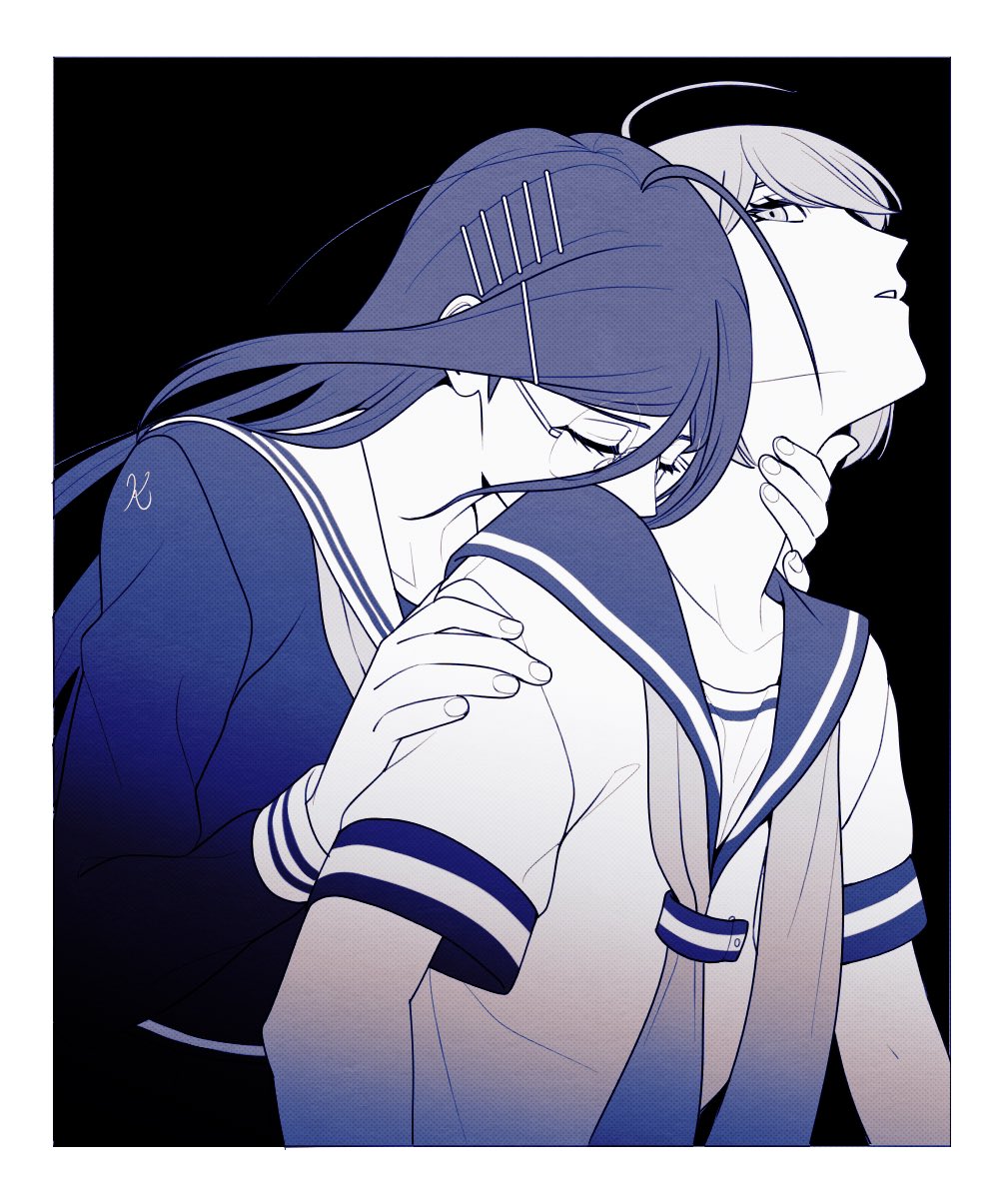 2girls, :o, ahoge, black_background, closed_eyes, collarbone, danganronpa_(series), danganronpa_another_episode:_ultra_despair_girls