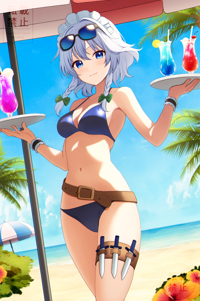 1girl, absurdres, alternate_costume, beach, belt, bikini, blue_bikini, blue_eyes