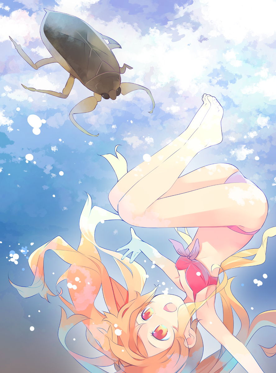1girl, armpits, barefoot, bikini, bug, feet, female_focus, flat_chest