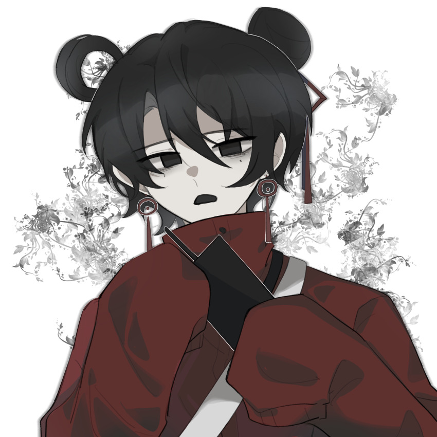 1girl, black_eyes, black_hair, chifanbot0727, chinese_commentary, commentary_request, earrings, hair_between_eyes, hair_bun, hair_ribbon, hair_rings, high_collar, highres, holding, holding_walkie-talkie, jacket, jewelry, li_yuting_(female), long_sleeves, looking_at_viewer, mole, mole_under_each_eye, mole_under_eye, multiple_moles, open_mouth, red_jacket, red_ribbon, ribbon, short_hair, single_hair_bun, single_hair_ring, sleeves_past_fingers, sleeves_past_wrists, solo, touqi_guaitan, upper_body, variant_set, walkie-talkie, white_background