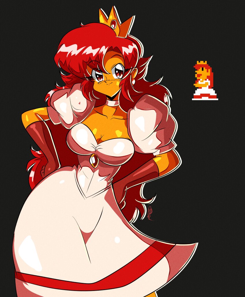 1girl, absurdres, black_background, breasts, cleavage, colored_skin, cowboy_shot, crown