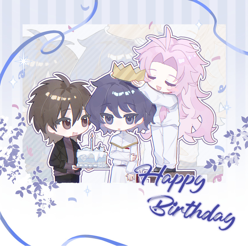 3boys, absurdres, birthday_cake, black_jacket, black_pants, black_shoes, blue_eyes, blue_hair