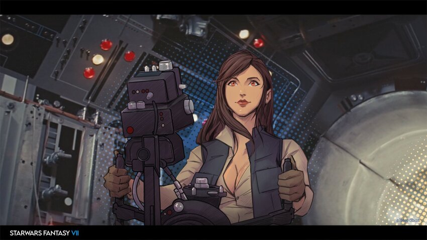 1girl, alteredbits, black_vest, breasts, brown_gloves, brown_hair, cleavage, cosplay