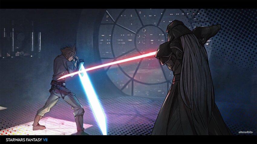 2boys, alteredbits, battle, energy_sword, cloud_strife, cosplay, darth_vader, darth_vader_(cosplay)