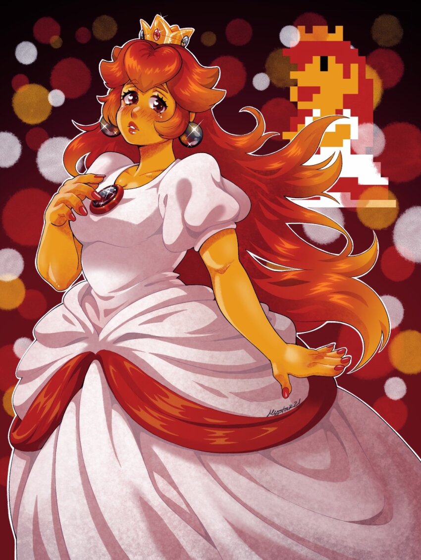 1girl, blush, breasts, cleavage, colored_skin, crown, derivative_work, dress