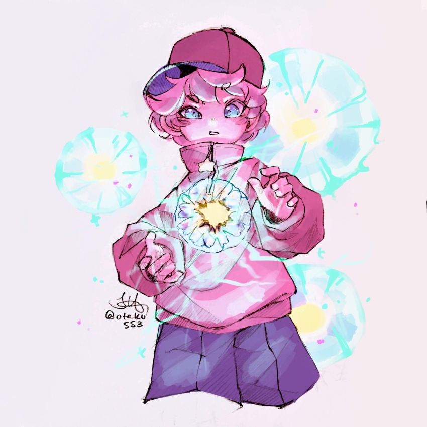 1boy, baseball_cap, blue_eyes, blue_shorts, blush_stickers, clenched_teeth, collared_jacket, commentary, cropped_legs, determined, dot_nose, electricity, electrokinesis, energy_ball, english_commentary, esp_kirby, grey_background, hat, high_collar, highres, jacket, kirby, kirby_(series), long_sleeves, looking_at_viewer, male_focus, nintendo, otaku553, pink_hair, pink_jacket, procreate_(medium), puffy_long_sleeves, puffy_sleeves, red_hat, shorts, signature, simple_background, solo, straight-on, teeth, tumblr_username, two-sided_fabric, two-sided_headwear, zipper, zipper_pull_tab