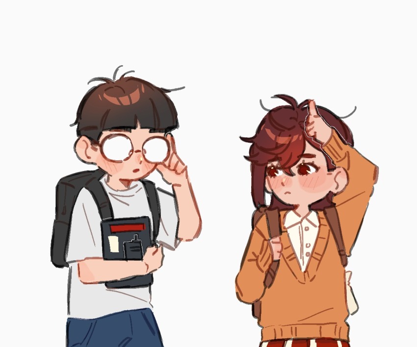 1boy, 1girl, adjusting_eyewear, aged_down, ayase_momo, backpack, bag, black_bag