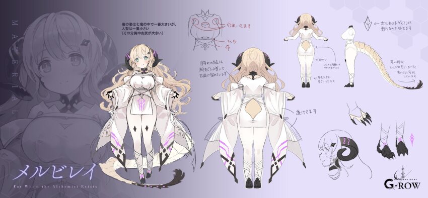 1girl, blonde_hair, bow, braid, breasts, character_name, reference_sheet, closed_mouth