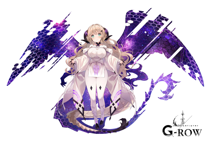 1girl, blonde_hair, bow, braid, breasts, closed_mouth, commentary_request, dragon_girl, dragon_horns, dragon_tail, dress, energy_wings, full_body, green_eyes, horns, large_breasts, long_hair, looking_at_viewer, melvilay_(ta_ga_tame_no_alchemist), official_art, pelvic_curtain, second-party_source, shortstack, simple_background, smile, solo, standing, straight-on, ta_ga_tame_no_alchemist, tail, to_maru, very_long_hair, wavy_hair, white_background, white_dress, wide_sleeves, wings