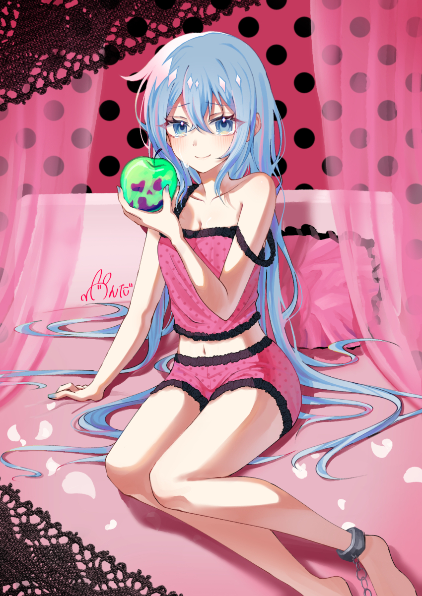 1girl, apple, bare_arms, bare_legs, bare_shoulders, barefoot, blue_eyes, blue_hair