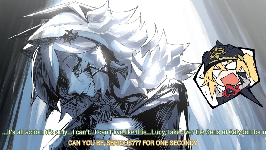 2girls, ashita_no_joe, black_helmet, blank_eyes, blonde_hair, caesar_king_(zenless_zone_zero), closed_eyes, combat_helmet, english_text, flying_sweatdrops, heartbreak_juan, helmet, highres, light_smile, luciana_de_montefio, meme, multiple_girls, parody, pickelhaube, side_ponytail, v-shaped_eyebrows, yabuki_joe_in_a_chair_(meme), zenless_zone_zero