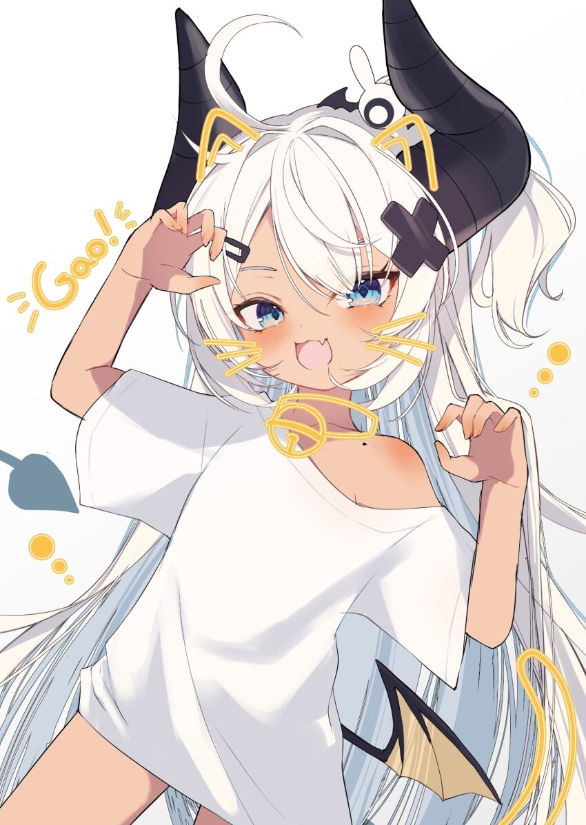 1girl, :3, ahoge, animal_ears, armpit_peek, asagawa_mikan, asagawa_mikan_(peachy_michi), bare_shoulders, bat_wings, blue_eyes, blush, cat_ears, cat_tail, choker, claw_pose, collarbone, demon_girl, demon_horns, demon_tail, drawn_ears, drawn_mustache, drawn_tail, fang, flat_chest, gao, hair_ornament, highres, horns, indie_virtual_youtuber, long_hair, looking_at_viewer, messy_hair, mole, mole_on_shoulder, off_shoulder, open_mouth, oversized_clothes, oversized_shirt, shirt, shoulder_blush, simple_background, skin_fang, t-shirt, tail, tan, thighs, very_long_hair, virtual_youtuber, white_hair, white_shirt, wings