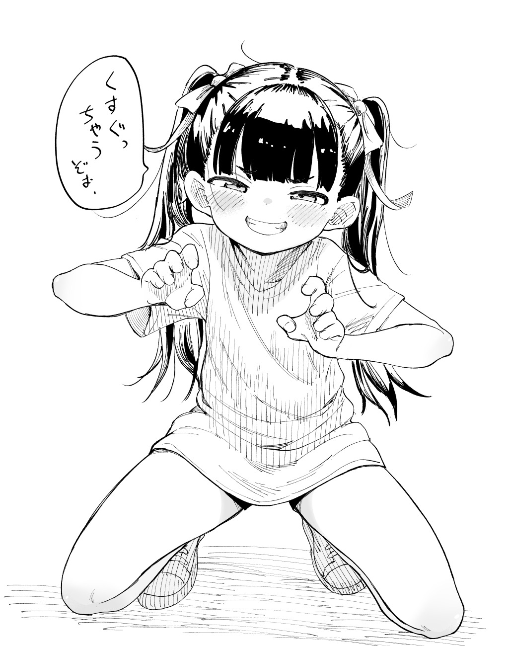 1girl, blush, bow, commentary_request, full_body, greyscale, grin, hair_bow, half-closed_eyes, highres, inoue_tosazu, kneeling, long_hair, looking_at_viewer, monochrome, original, shirt, shoes, short_sleeves, shorts, smile, smug, sneakers, solo, speech_bubble, t-shirt, translation_request, twintails, v-shaped_eyebrows