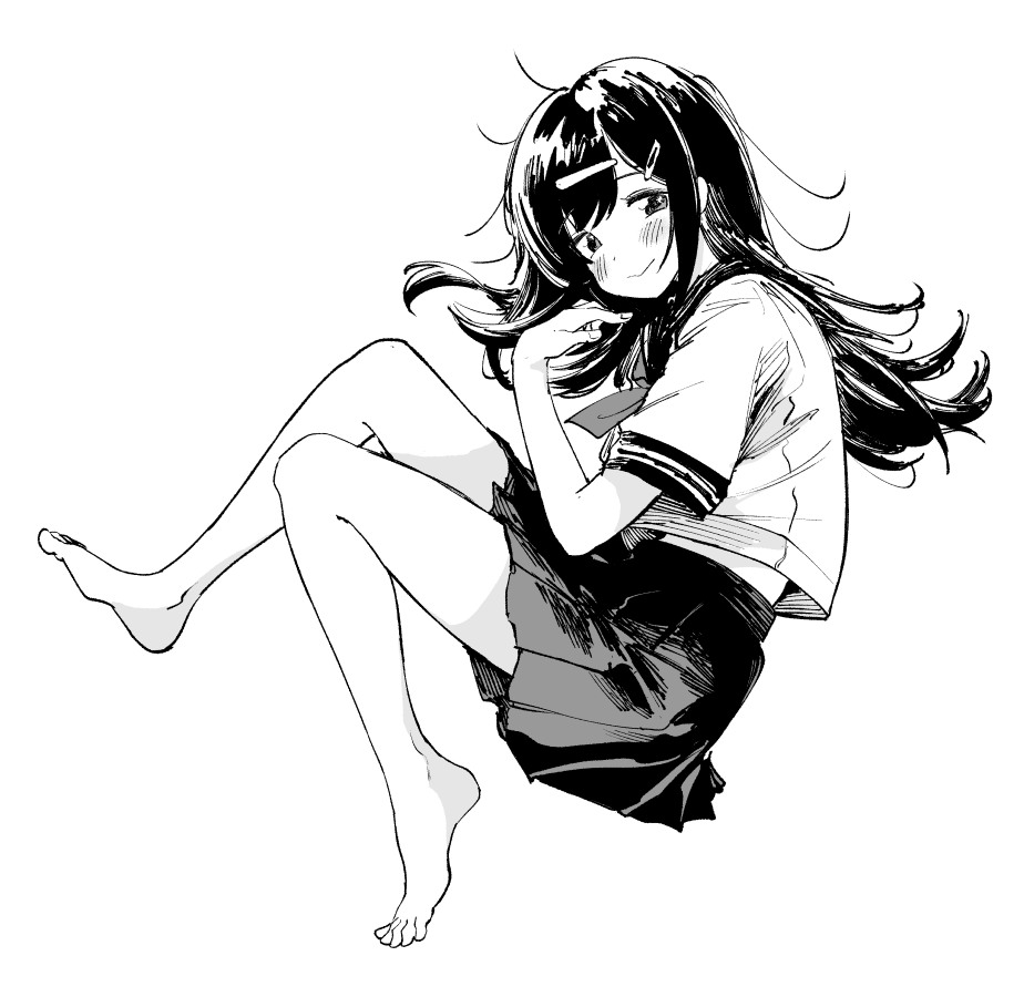 1girl, :>, barefoot, blush, closed_mouth, commentary_request, crop_top, feet