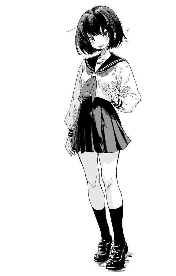 1girl, :p, blush, closed_mouth, commentary_request, dot_nose, full_body, greyscale