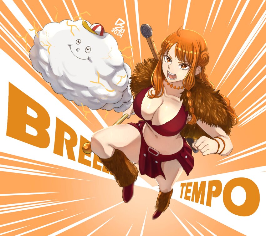 1girl, absurdres, braid, braided_sidelock, breasts, brown_footwear, capelet, cleavage, clima-tact, collarbone, commentary, crop_top, dated, electricity, emphasis_lines, english_commentary, full_body, fur-trimmed_capelet, fur-trimmed_legwear, fur_trim, hat, highres, holding, holding_staff, jewelry, large_breasts, leg_warmers, long_hair, midriff, mini_hat, nami_(one_piece), nami_(one_piece)_(elbaf), navel, necklace, one_piece, open_mouth, orange_eyes, orange_hair, red_skirt, running, signature, skirt, staff, sword, sword_on_back, wavy_hair, weapon, weapon_on_back, wide_hips, zeinzai91, zeus_(one_piece)