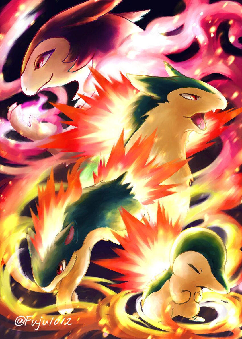 absurdres, closed_eyes, closed_mouth, cyndaquil, evolutionary_line, fangs, fire, fuju1012