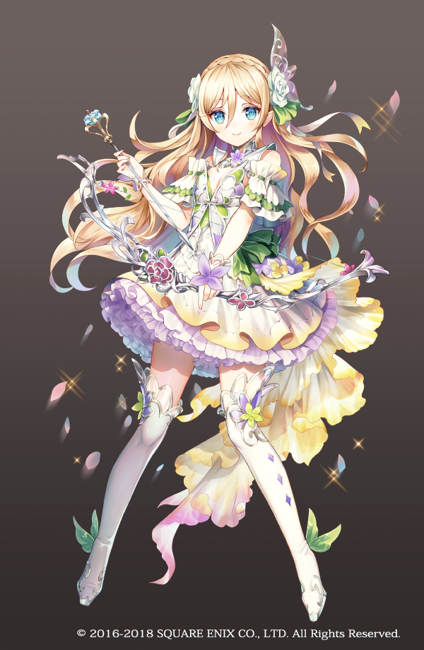 1girl, blonde_hair, blue_eyes, bow_(weapon), cleavage_cutout, clothing_cutout, copyright_notice, dress, eleanor_linless_(grimms_notes), eleanor_linless_(repage)_(grimms_notes), flat_chest, flower, frilled_skirt, frills, full_body, gradient_background, grimms_notes, hair_flower, hair_ornament, long_hair, nemusuke, official_art, petals, skirt, smile, solo, weapon