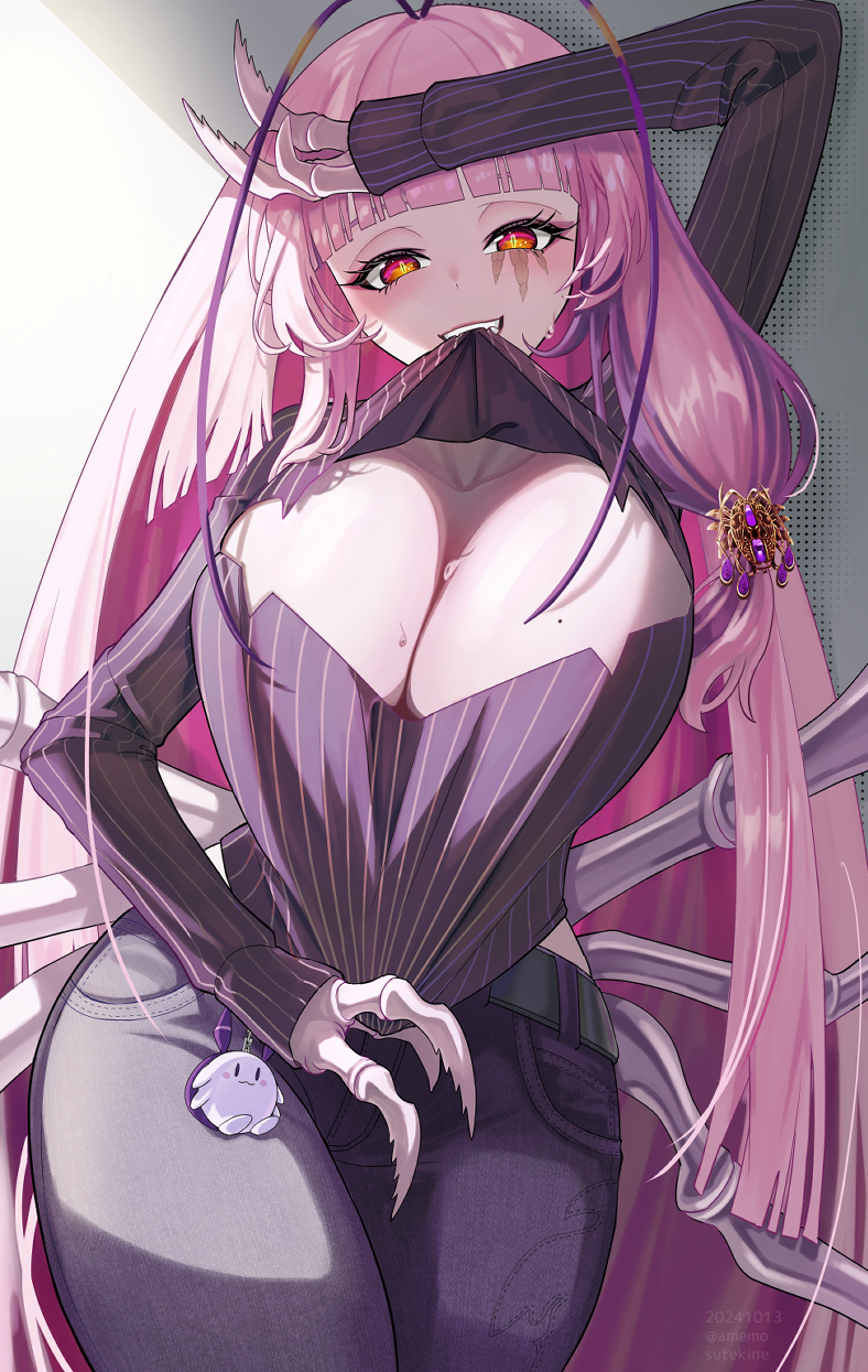 1girl, antenna_hair, arm_up, arthropod_girl, breasts, cleavage, cleavage_cutout, clothing_cutout
