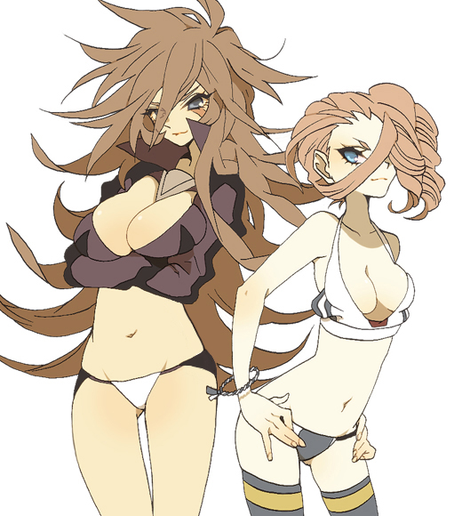 2girls, bad_id, bad_pixiv_id, blue_eyes, breasts, brown_hair, cleavage, crossed_arms