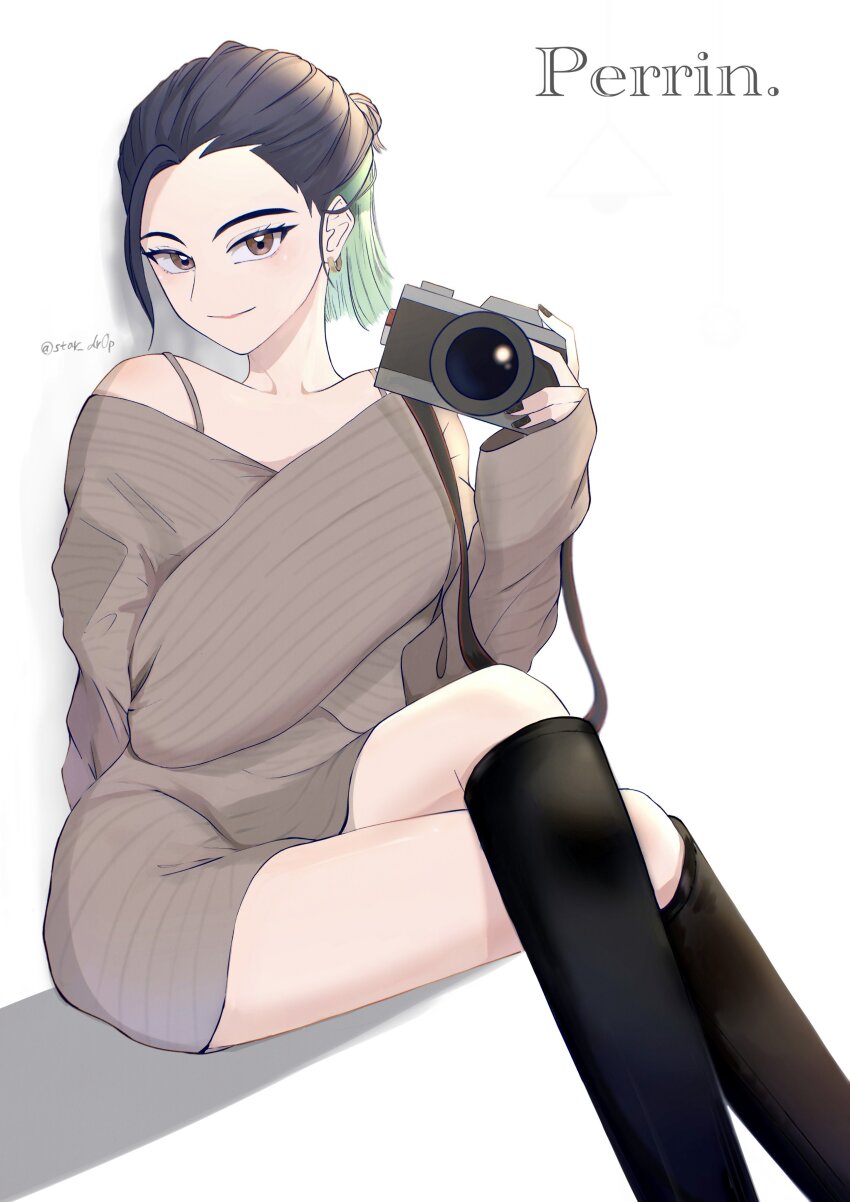 1girl, absurdres, alternate_costume, arm_behind_back, black_hair, black_nails, black_socks, brown_eyes