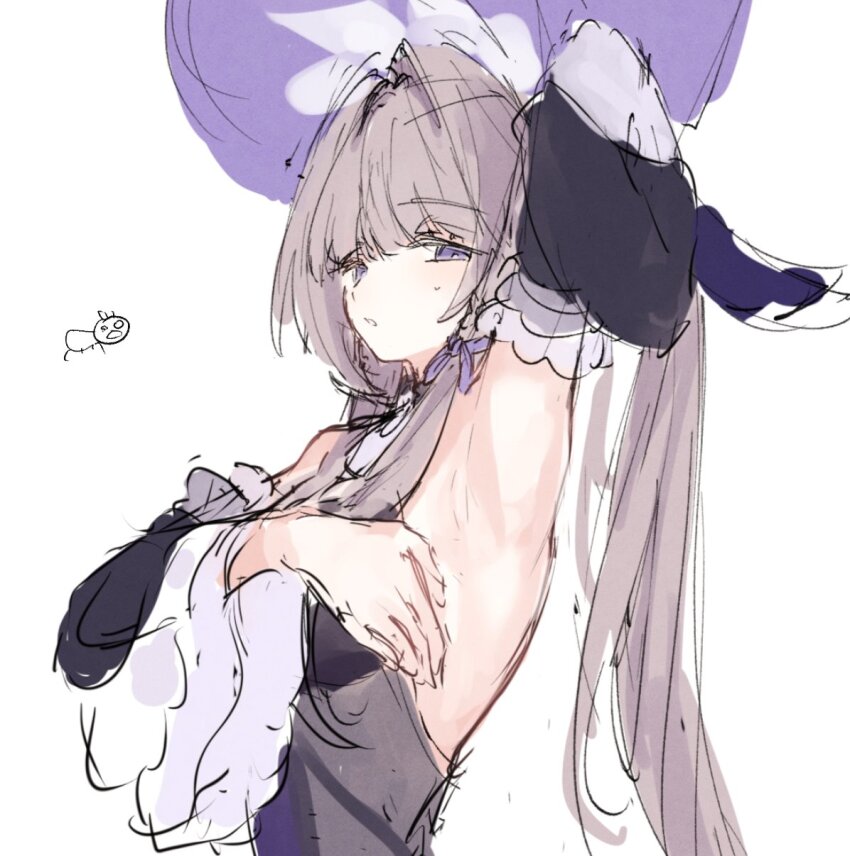 1girl, aged_up, arm_up, armpits, bare_shoulders, genshou_ex, grey_hair, herta_(honkai:_star_rail), the_herta_(honkai:_star_rail), highres, honkai:_star_rail, honkai_(series), long_hair, looking_at_viewer, parted_lips, purple_eyes, simple_background, sketch, solo, upper_body, very_long_hair, white_background