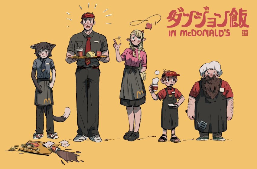 2girls, 3boys, ^^^, alternate_costume, apron, beard, black_hair, blonde_hair