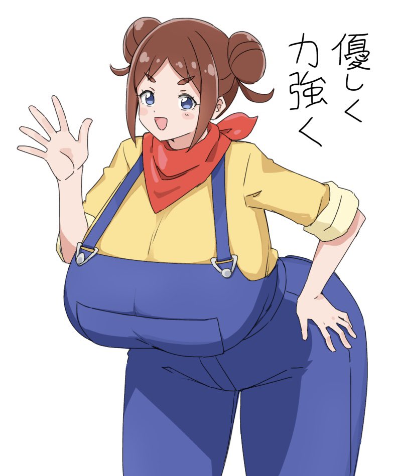 1girl, alternate_breast_size_(larger), blue_eyes, blue_overalls, breasts, brown_hair, cowboy_shot, double_bun