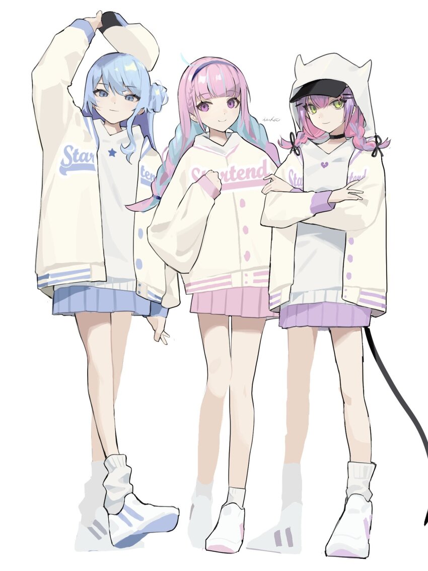 3girls, ahoge, alternate_costume, arm_up, baseball_cap, black_choker, blue_eyes, blue_hair, blue_skirt, blunt_bangs, braid, choker, crossed_arms, double-parted_bangs, full_body, green_eyes, hair_bun, hair_ornament, hair_ribbon, hairband, hairpin, hat, highres, holding, holding_unworn_clothes, holding_unworn_hat, hololive, hood, hood_up, hoodie, hoshimachi_suisei, jacket, letterman_jacket, loose_socks, minato_aqua, multicolored_hair, multiple_girls, open_clothes, open_jacket, pink_eyes, pink_hair, pink_skirt, pleated_skirt, purple_hair, purple_skirt, ribbon, sidelocks, single_hair_bun, skirt, socks, standing, startend_(hololive), streaked_hair, tai_inukai, tail, tokoyami_towa, twin_braids, two-tone_hair, unworn_hat, unworn_headwear, virtual_youtuber, white_background, white_footwear, white_hoodie, white_jacket, white_socks