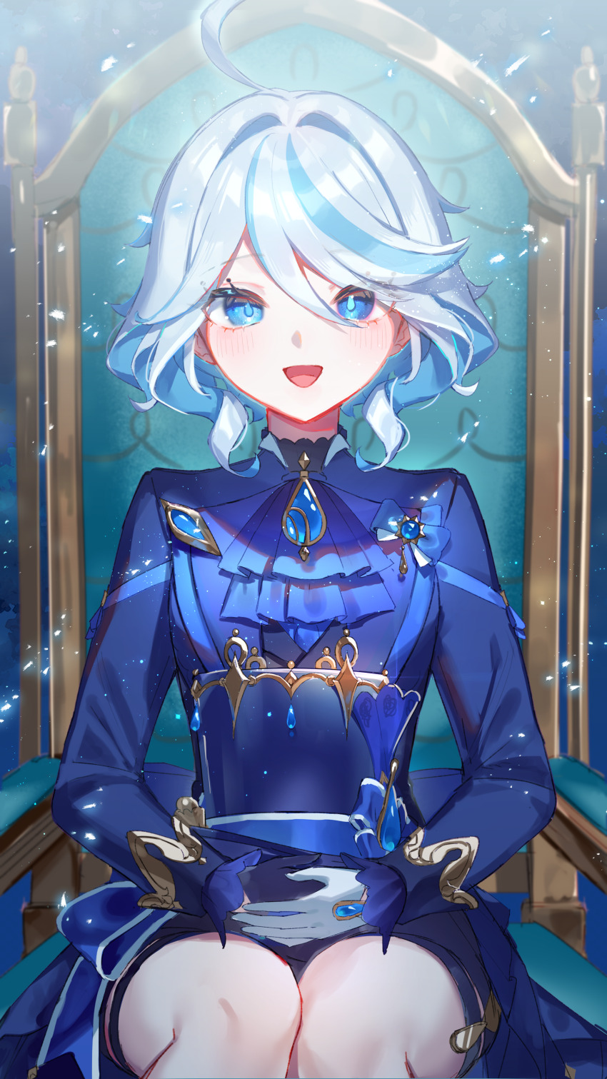 1girl, :d, absurdres, ahoge, ascot, asymmetrical_gloves, black_gloves, blue_ascot