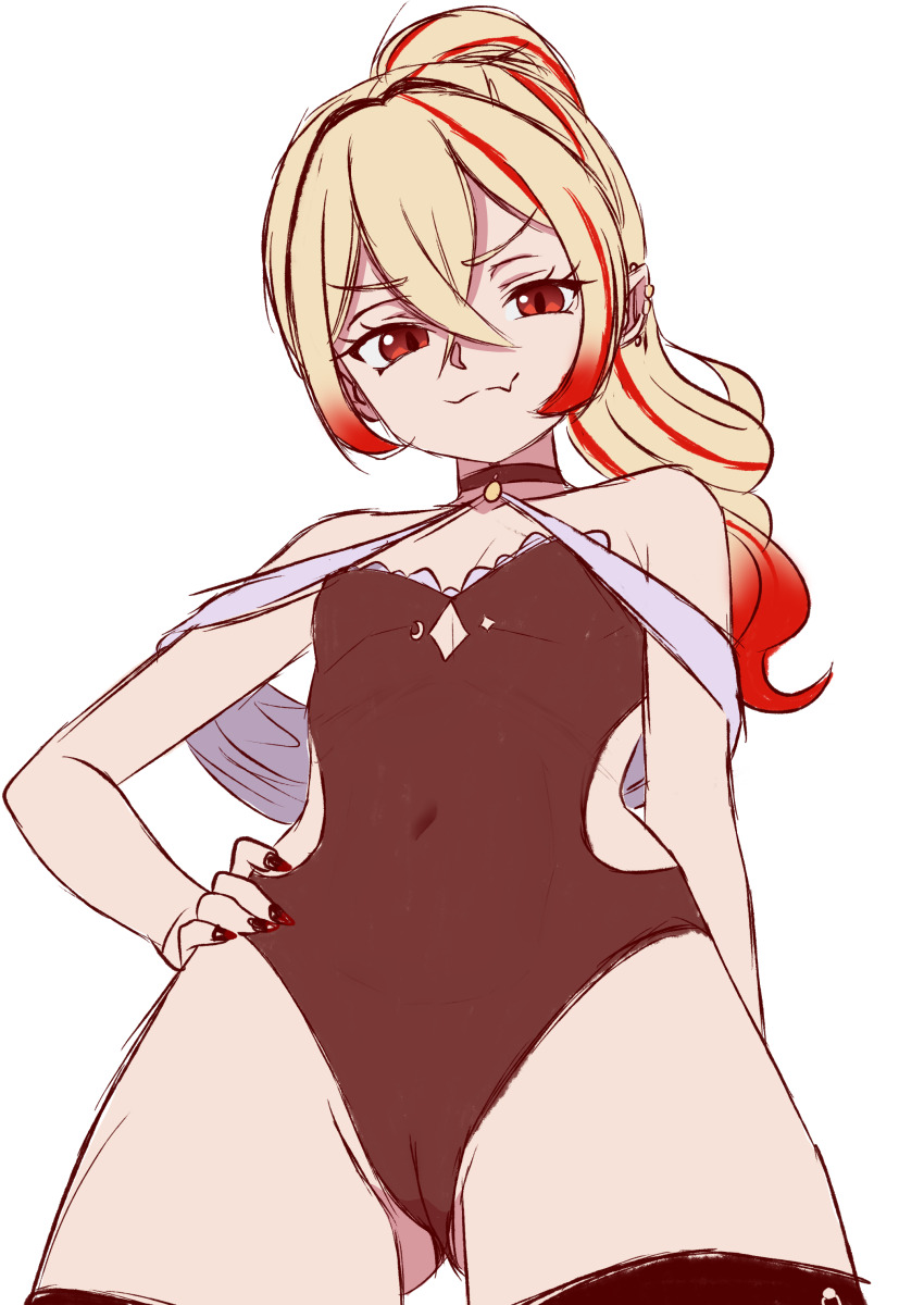 absurdres, black_nails, blonde_hair, cameltoe, choker, cowboy_shot, ear_piercing, fang