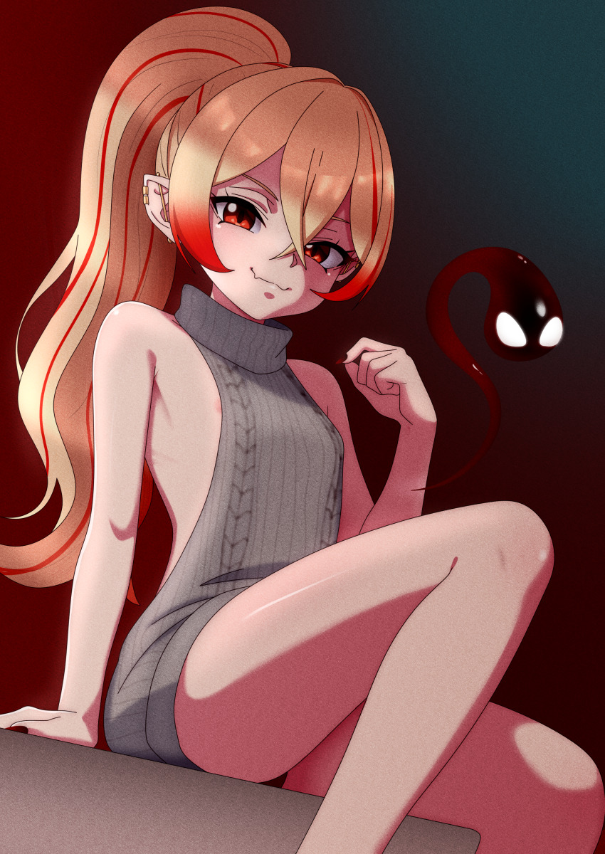 absurdres, areola_slip, blonde_hair, blood, ear_piercing, feet_out_of_frame, flat_chest, high_ponytail