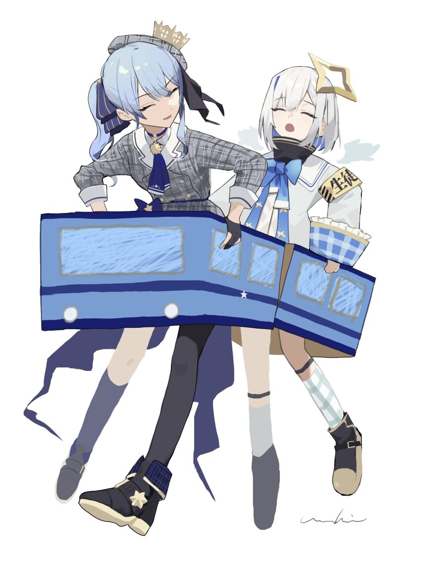 2girls, absurdres, amane_kanata, amane_kanata_(1st_costume), armband, ascot, beret, black_choker