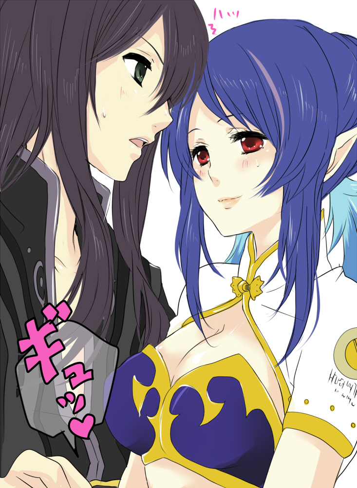 00s, 1boy, 1girl, bad_id, bad_pixiv_id, black_eyes, black_hair, blue_hair, breasts, cleavage, judith_(tales), large_breasts, long_hair, pointy_ears, red_eyes, take_(tenkasu), tales_of_(series), tales_of_vesperia, yuri_lowell